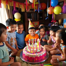 A festive birthday celebration taking place in a cozy home setting in Laos