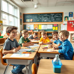 An engaging interior view of a vibrant elementary school classroom in the USA, filled with children