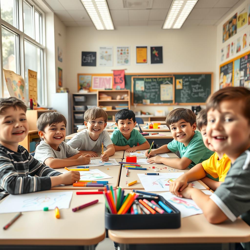 An engaging interior view of a vibrant elementary school classroom in the USA, filled with children