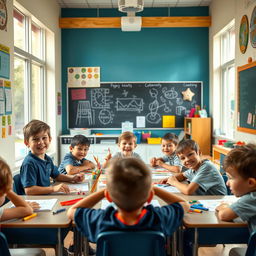 An engaging interior view of a vibrant elementary school classroom in the USA, filled with children