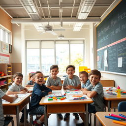 An engaging interior view of a vibrant elementary school classroom in the USA, filled with children