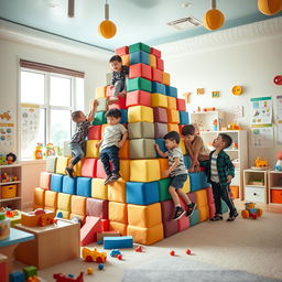 An imaginative interior scene of a bright and colorful playroom designed for kids, featuring a large, creative pyramid structure made of soft blocks and toys
