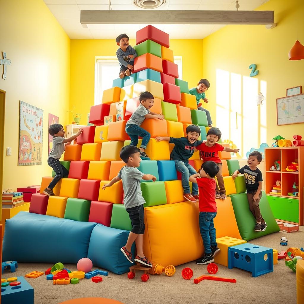 An imaginative interior scene of a bright and colorful playroom designed for kids, featuring a large, creative pyramid structure made of soft blocks and toys