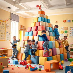 An imaginative interior scene of a bright and colorful playroom designed for kids, featuring a large, creative pyramid structure made of soft blocks and toys