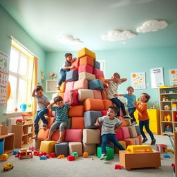 An imaginative interior scene of a bright and colorful playroom designed for kids, featuring a large, creative pyramid structure made of soft blocks and toys