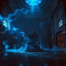 An imposing throne room with a grand ceiling and intricate architectural details, illuminated by eerie blue smoky lights that swirl around the space, casting dramatic shadows