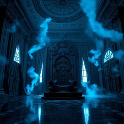 An imposing throne room with a grand ceiling and intricate architectural details, illuminated by eerie blue smoky lights that swirl around the space, casting dramatic shadows