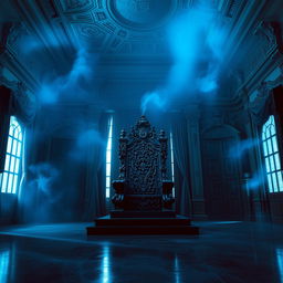 An imposing throne room with a grand ceiling and intricate architectural details, illuminated by eerie blue smoky lights that swirl around the space, casting dramatic shadows