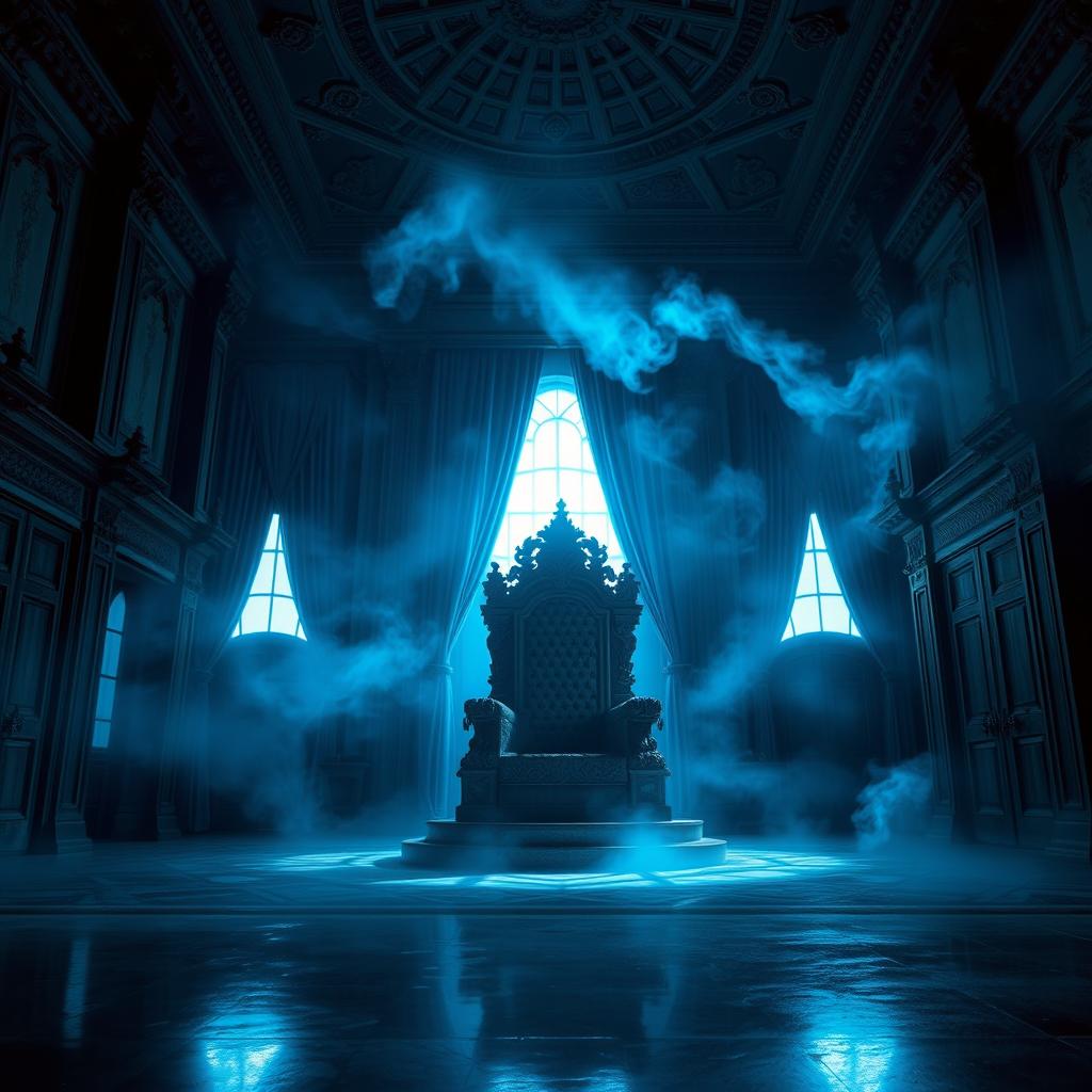 An imposing throne room with a grand ceiling and intricate architectural details, illuminated by eerie blue smoky lights that swirl around the space, casting dramatic shadows