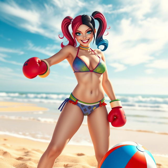 Harley Quinn wearing a colorful bikini and vibrant boxing gloves, standing playfully on a sunny beach