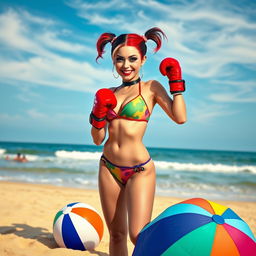 Harley Quinn wearing a colorful bikini and vibrant boxing gloves, standing playfully on a sunny beach