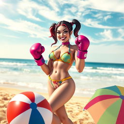 Harley Quinn wearing a colorful bikini and vibrant boxing gloves, standing playfully on a sunny beach