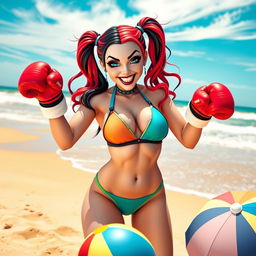 Harley Quinn wearing a colorful bikini and vibrant boxing gloves, standing playfully on a sunny beach