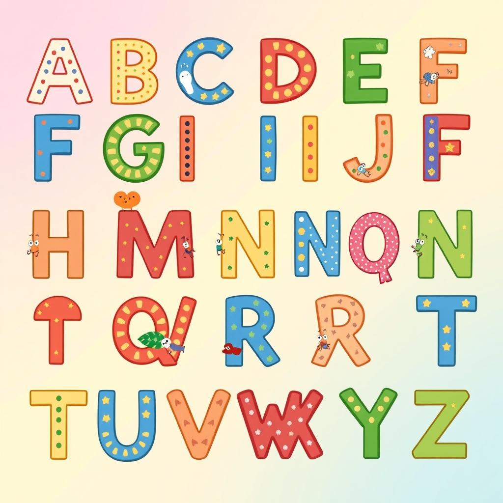 An artistic representation of the English alphabet, from A to Z, each letter designed with unique styles and colors