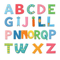 An artistic representation of the English alphabet, from A to Z, each letter designed with unique styles and colors
