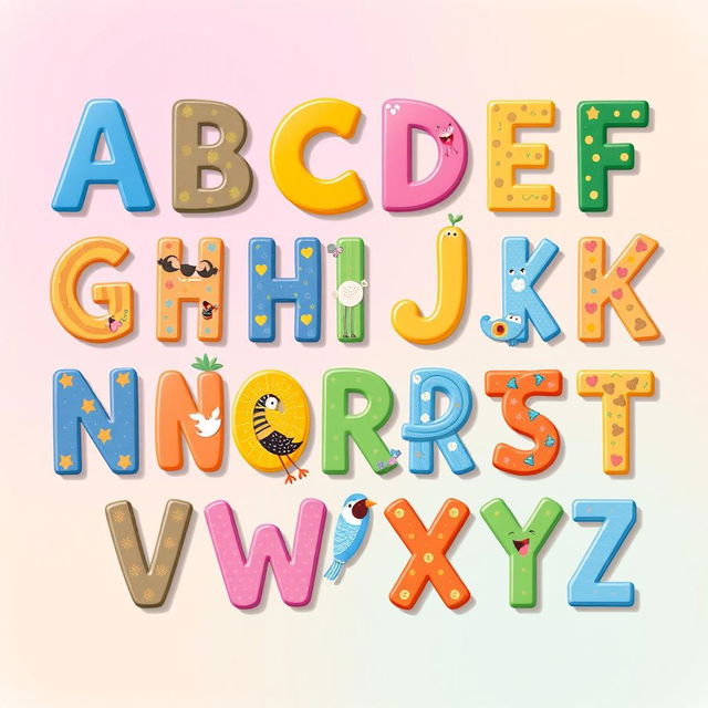 An artistic representation of the English alphabet, from A to Z, each letter designed with unique styles and colors