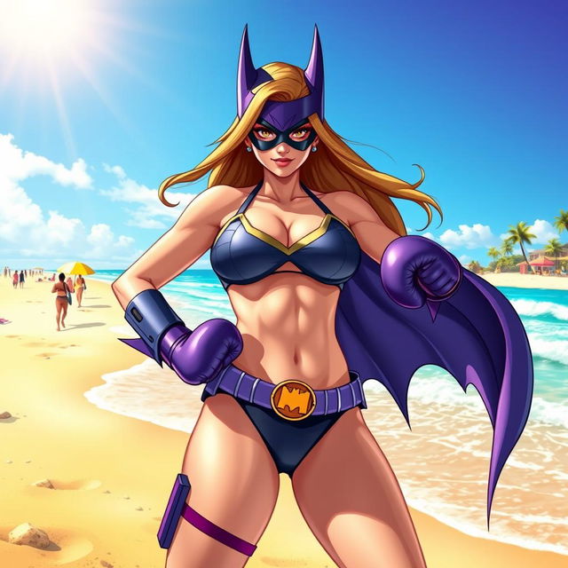 A confident and strong female hero inspired by Batgirl, wearing a stylish bikini and boxing gloves, striking a powerful pose on a sunny beach