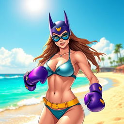 A confident and strong female hero inspired by Batgirl, wearing a stylish bikini and boxing gloves, striking a powerful pose on a sunny beach