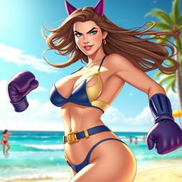 A confident and strong female hero inspired by Batgirl, wearing a stylish bikini and boxing gloves, striking a powerful pose on a sunny beach