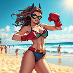 A confident and strong female hero inspired by Batgirl, wearing a stylish bikini and boxing gloves, striking a powerful pose on a sunny beach
