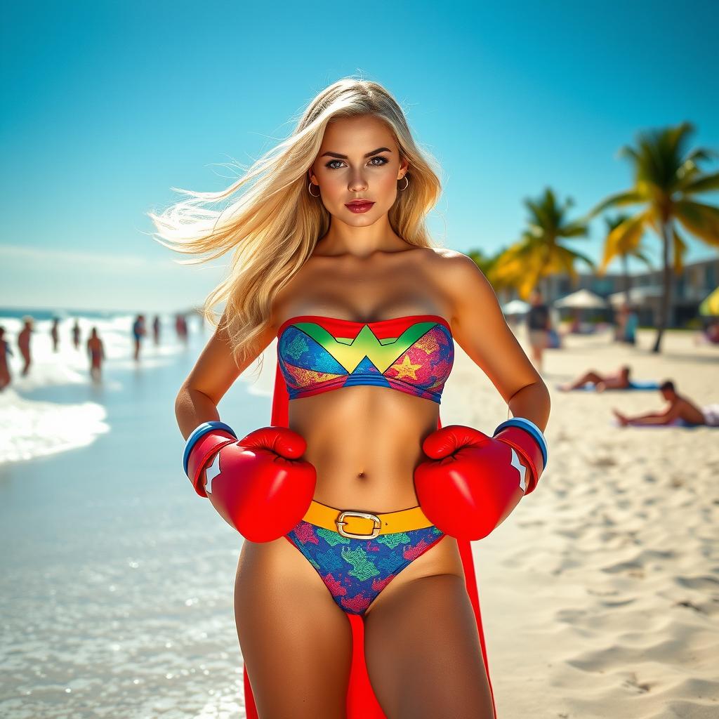 A confident superheroine resembling Supergirl, wearing a colorful bikini and bright boxing gloves, standing proudly on a sandy beach