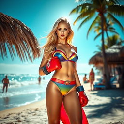 A confident superheroine resembling Supergirl, wearing a colorful bikini and bright boxing gloves, standing proudly on a sandy beach
