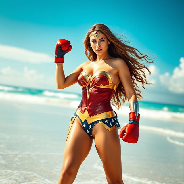 A powerful female superhero inspired by Wonder Woman, wearing a striking bikini adorned with patriotic colors and symbols, boxing gloves on her hands