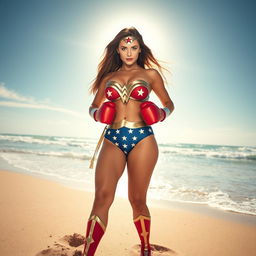 A powerful female superhero inspired by Wonder Woman, wearing a striking bikini adorned with patriotic colors and symbols, boxing gloves on her hands