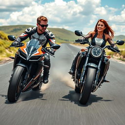A dynamic scene of two motorcyclists racing on an open road