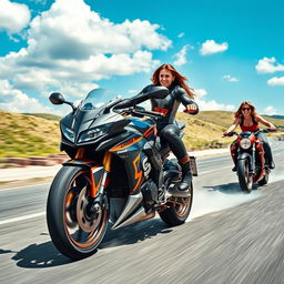 A dynamic scene of two motorcyclists racing on an open road