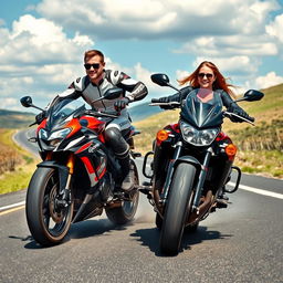 A dynamic scene of two motorcyclists racing on an open road