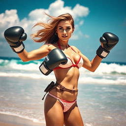 A confident and strong woman resembling a famous space princess, wearing a stylish bikini and oversized boxing gloves