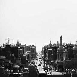 Create a black and white image where the foreground features a detailed and intricate scene of an urban landscape with buildings, streets, and elements that suggest a bustling city life