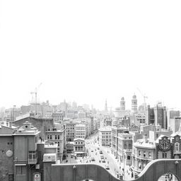 Create a black and white image where the foreground features a detailed and intricate scene of an urban landscape with buildings, streets, and elements that suggest a bustling city life