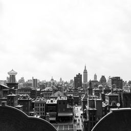 Create a black and white image where the foreground features a detailed and intricate scene of an urban landscape with buildings, streets, and elements that suggest a bustling city life