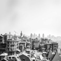 Create a black and white image where the foreground features a detailed and intricate scene of an urban landscape with buildings, streets, and elements that suggest a bustling city life