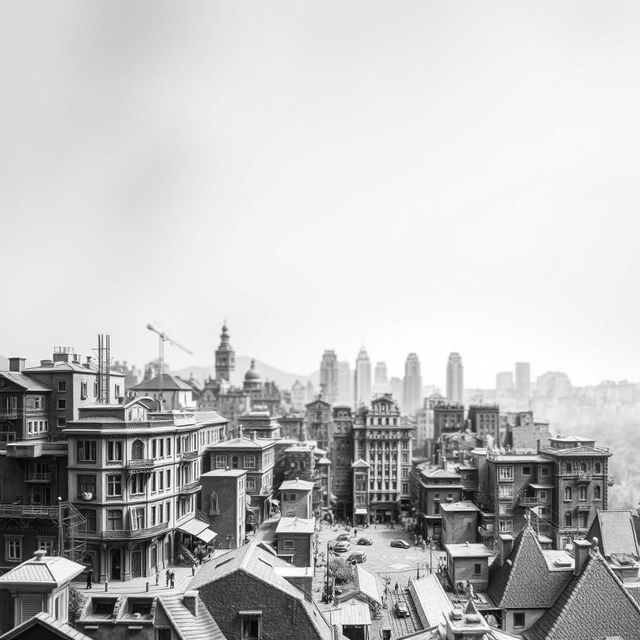 Create a black and white image where the foreground features a detailed and intricate scene of an urban landscape with buildings, streets, and elements that suggest a bustling city life