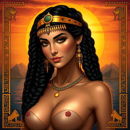 A stunningly beautiful depiction of Cleopatra, the Queen of Egypt, in a tasteful and artistic manner, standing gracefully without a dress, with an emphasis on her regal posture and confident expression