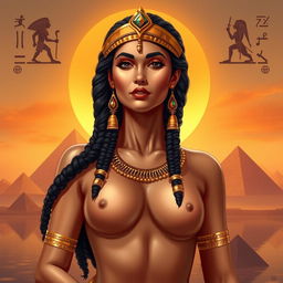 A stunningly beautiful depiction of Cleopatra, the Queen of Egypt, in a tasteful and artistic manner, standing gracefully without a dress, with an emphasis on her regal posture and confident expression