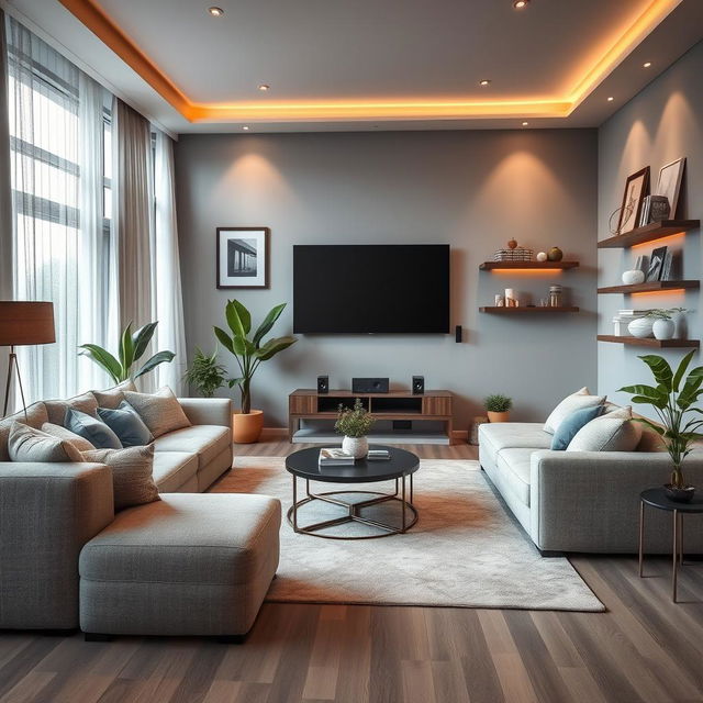 A modern and cozy TV room design featuring a large flat-screen television mounted on the wall, a comfortable sectional sofa with plush cushions, stylish coffee table in the center, and an area rug to enhance warmth