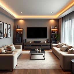 A modern and cozy TV room design featuring a large flat-screen television mounted on the wall, a comfortable sectional sofa with plush cushions, stylish coffee table in the center, and an area rug to enhance warmth
