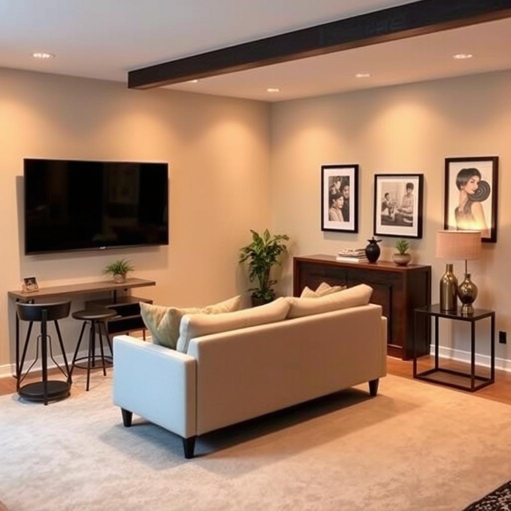 A cozy TV room featuring a 50-inch television mounted on the wall, a small stylish bar with stools, and elegant side tables