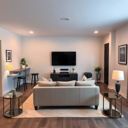 A cozy TV room featuring a 50-inch television mounted on the wall, a small stylish bar with stools, and elegant side tables