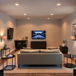 A cozy TV room featuring a 50-inch television mounted on the wall, a small stylish bar with stools, and elegant side tables