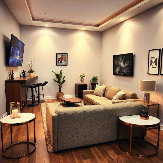 A cozy TV room featuring a 50-inch television mounted on the wall, a small stylish bar with stools, and elegant side tables