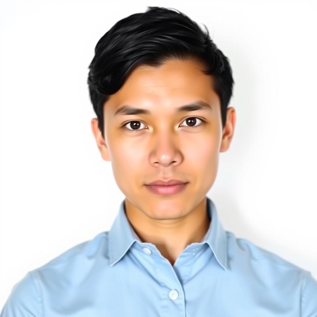 Create a professional passport photo of a person with short black hair and brown eyes, wearing a light blue collared shirt