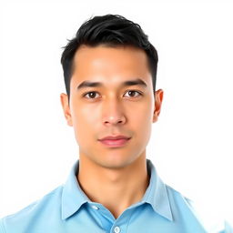 Create a professional passport photo of a person with short black hair and brown eyes, wearing a light blue collared shirt
