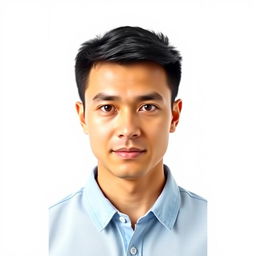 Create a professional passport photo of a person with short black hair and brown eyes, wearing a light blue collared shirt