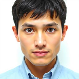 Create a professional passport photo of a person with short black hair and brown eyes, wearing a light blue collared shirt