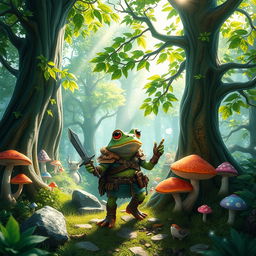 A fantasy scene featuring a brave frog adventurer exploring a lush, vibrant forest